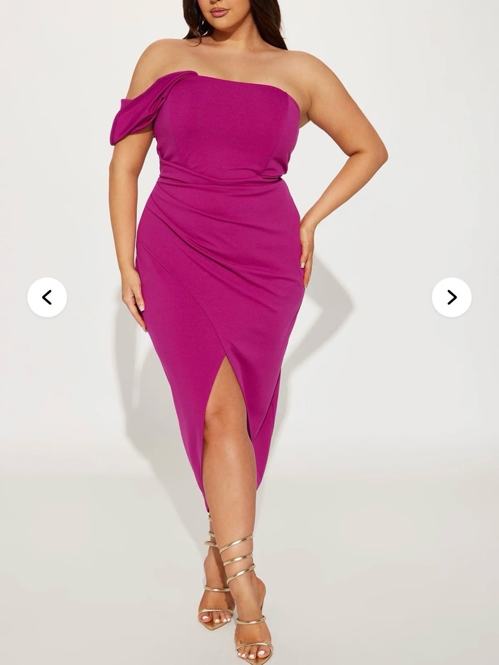 Fashion Nova Strapless One-Shoulder Fuchsia Midi Dress